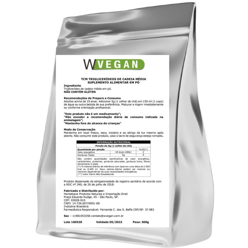 TCM Trigliceridos de Cadeia Media 500g 500 gramas - WVegan