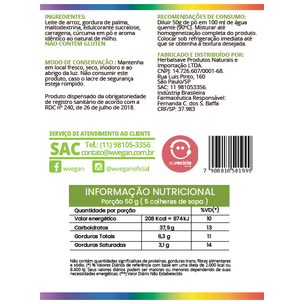 Curau Vegano em pó 50g Sachê - WVegan