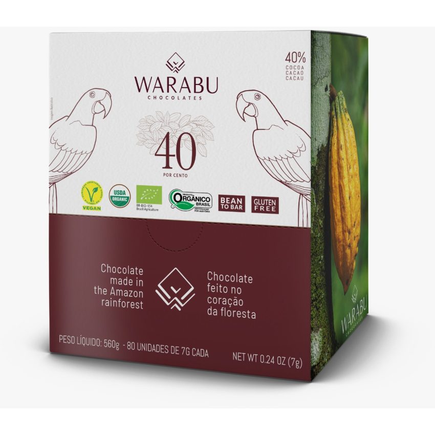 Caixa Chocolate Orgânico 40% Cacau Selvagem, 7g X 80un - Warabu