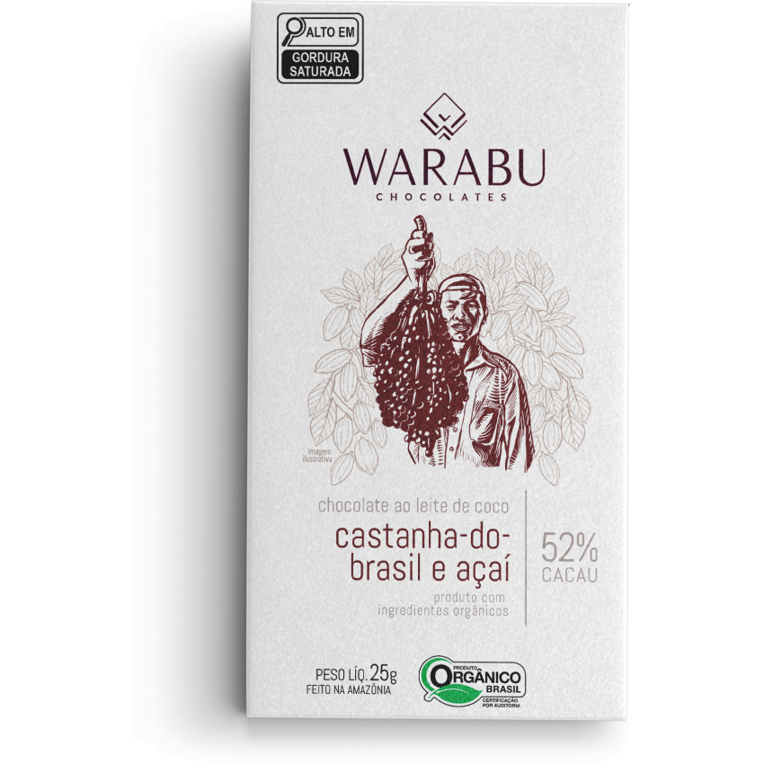 Chocolate Orgânico ao Leite de Coco Castanha do Brasil e Açaí 52% Cacau, 25g - Warabu