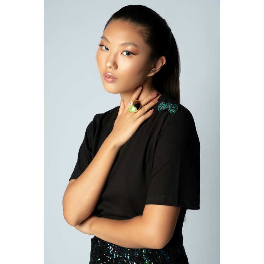 T-shirt Preta Botan Sashiko Verde - Toshie
