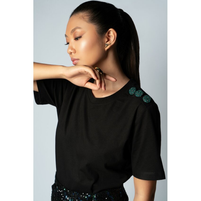 T-shirt Preta Botan Sashiko Verde - Toshie