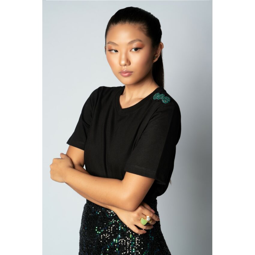 T-shirt Preta Botan Sashiko Verde - Toshie