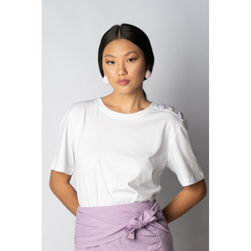 T-shirt Branca Botan Sashiko Lilás - Toshie