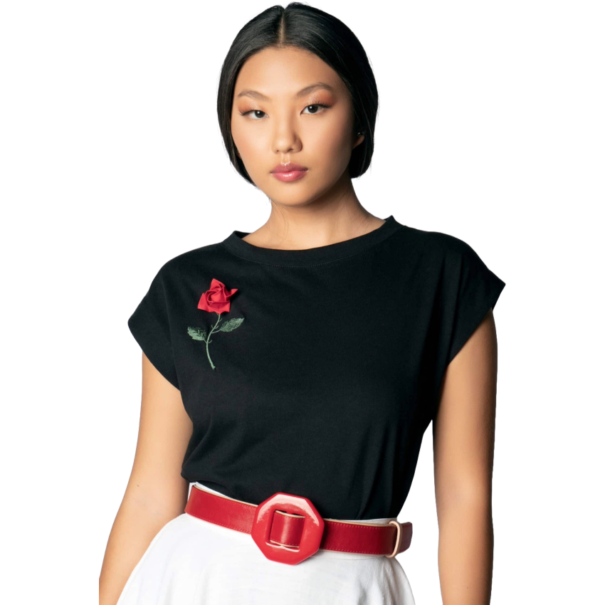 T-shirt Preta Rosa de Kawazaki - Toshie