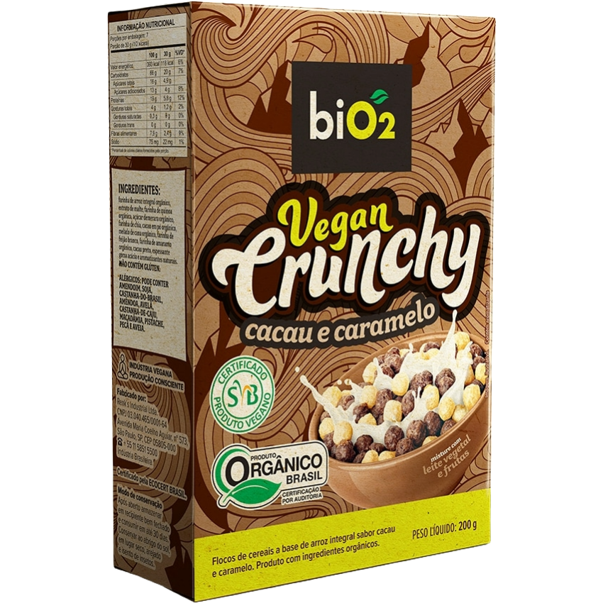 Cereal Matinal Orgânico e Vegano - Cacau e Caramelo 200g - Vegan Crunchy - biO2