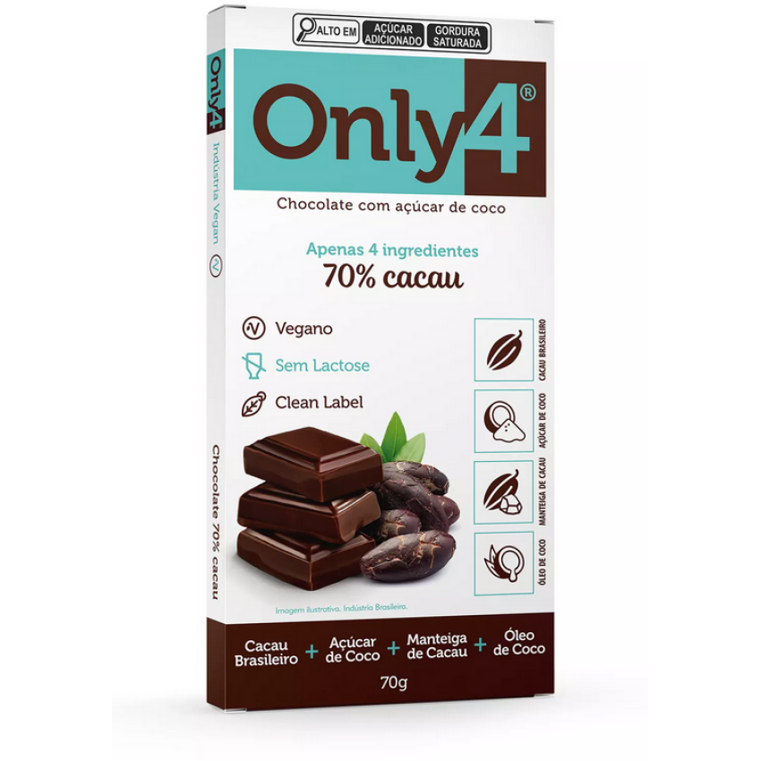 Chocolate 70% Cacau 70g - Vegano e Sem Lactose - Only4