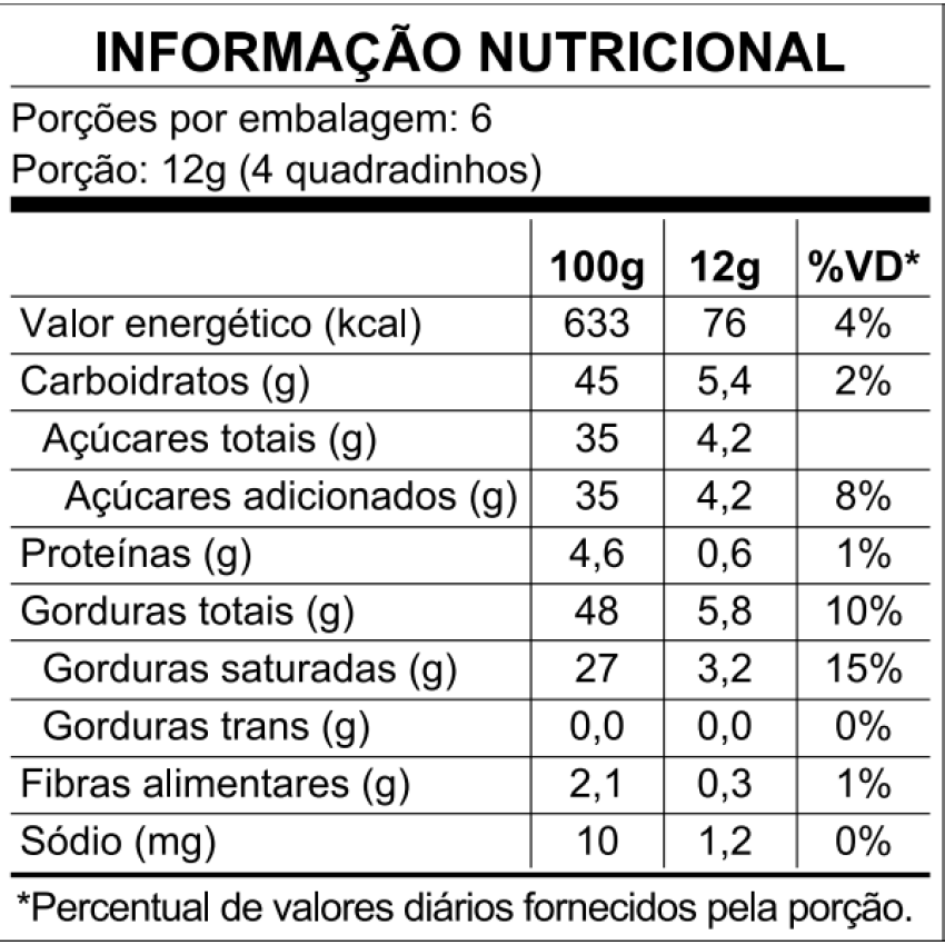 Chocolate 55% Cacau 70g - Vegano e Sem Lactose - Only4