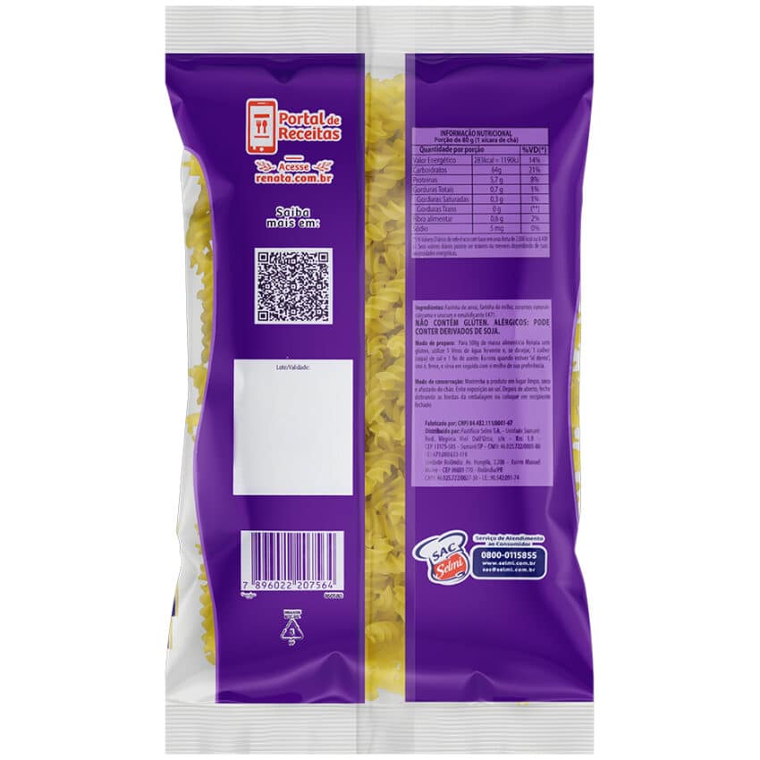 Macarrão Parafuso Sem Glúten e Vegano 500g - Renata