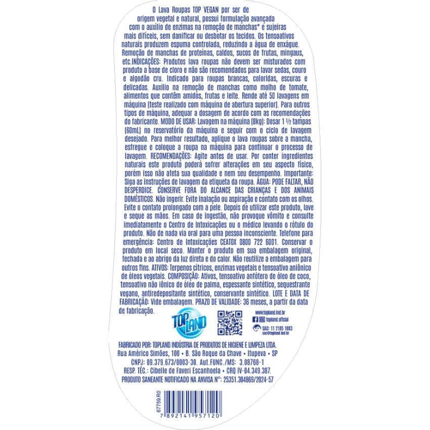 Lava Roupas Concentrado Sem Perfume 3L - Top Vegan