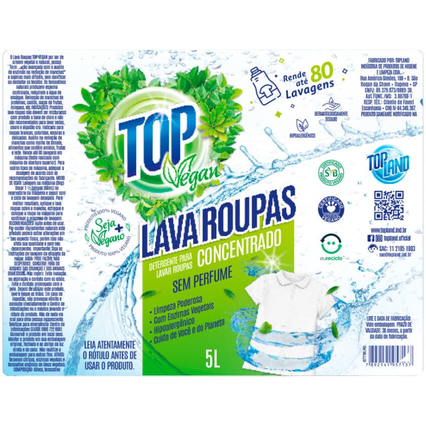 Lava Roupas Concentrado Sem Perfume 5L - Top Vegan