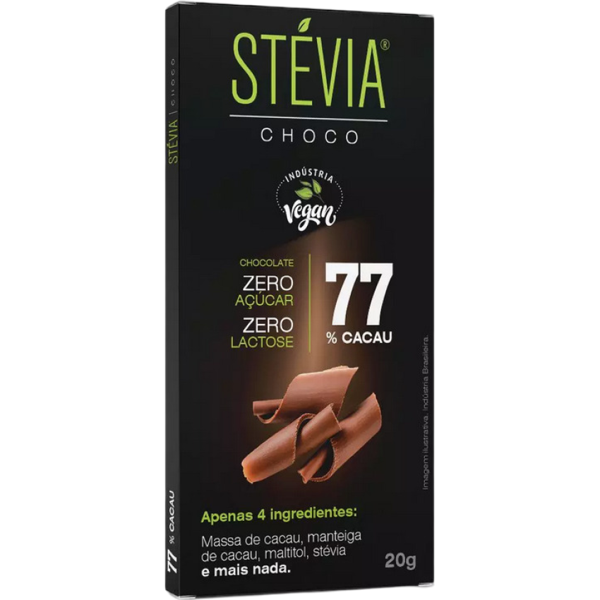 Chocolate 77% Cacau Stévia 20g - Vegano e Sem Lactose - StéviaChoco