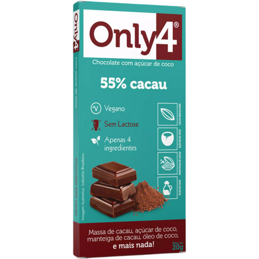Chocolate 55% Cacau 20g – Vegano e Sem Lactose – Only4