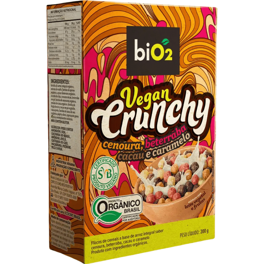 Cereal Matinal Orgânico e Vegano – Cenoura, Beterraba, Cacau e Caramelo 200g – Vegan Crunchy – biO2